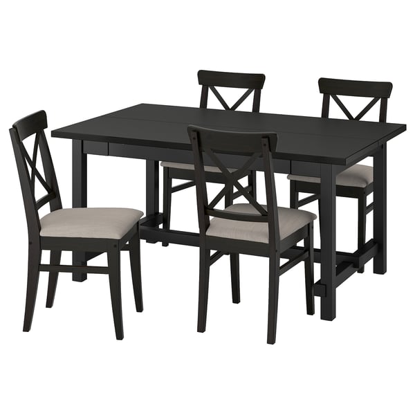 Črni raztegljivi jedilni set, temen les, oblazinjeni sedeži.
