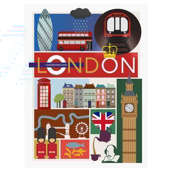 Ilustrativni plakat londonskih ikon: rdeči avtobus, stolp z uro, telefonska govorilnica, stražarji, čaj, zastava, zgradbe.
