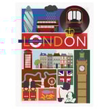 Ilustrativni plakat londonskih ikon: rdeči avtobus, stolp z uro, telefonska govorilnica, stražarji, čaj, zastava, zgradbe.