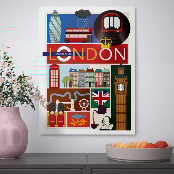 Tisk na temo Londona z Big Benom, avtobusom in cvetjem.