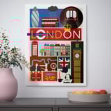 Tisk na temo Londona z Big Benom, avtobusom in cvetjem.