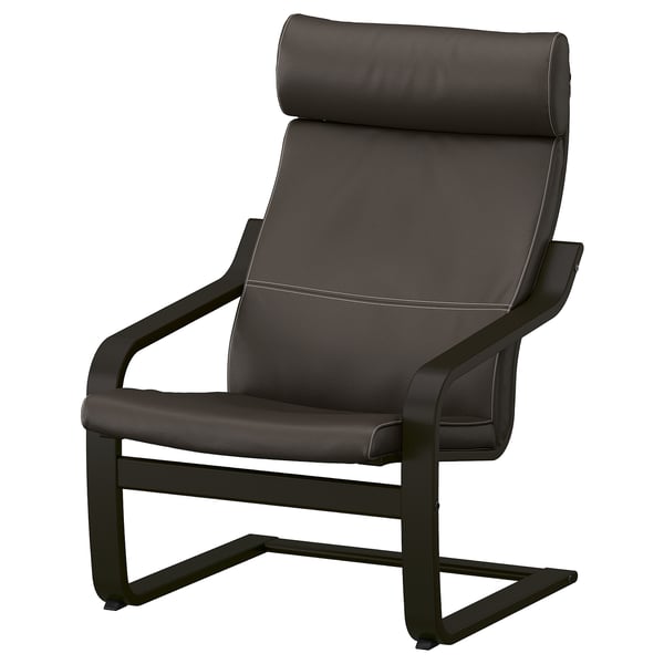 Ikea POÄNG črni usnjeni fotelj, visok naslonj, kovinski okvir.
