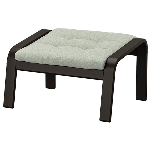 Ikea POÄNG podnožje: črni leseni okvir, svetlo siva blazina, kvadratna oblika.