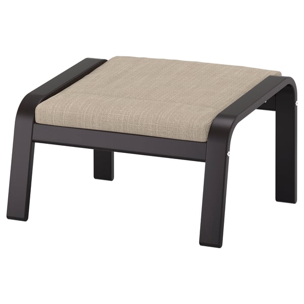 Črni POÄNG podnožnik z bež blazino, eleganten dizajn.