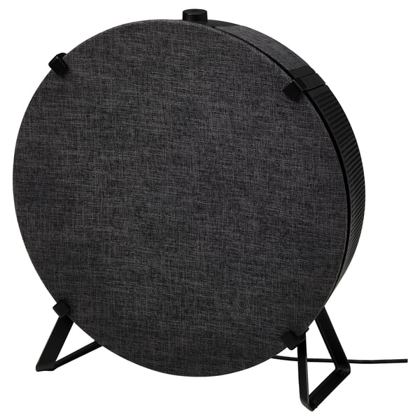 Siv, okrogel čistilec zraka ikea STARKVIND na črnem stojalu.