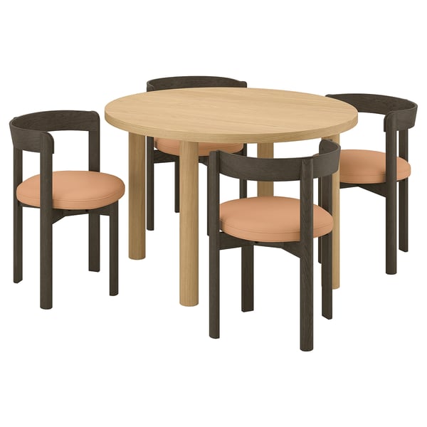 Okrogli jedilni set, svetli les, oranžni sedeži, skandinavski