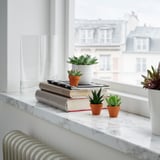 Okenska polica: bela marmorna polica s knjigami, majhni glineni lončki SUKULENTI, prozorna steklena vaza. Pogled na mesto zunaj.