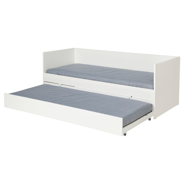 Bela IKEA VIHALS dnevna postelja s trundle, sive vzmetnice, minimalističen dizajn, robusten okvir.