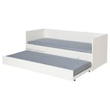 Bela IKEA VIHALS dnevna postelja s trundle, sive vzmetnice, minimalističen dizajn, robusten okvir.