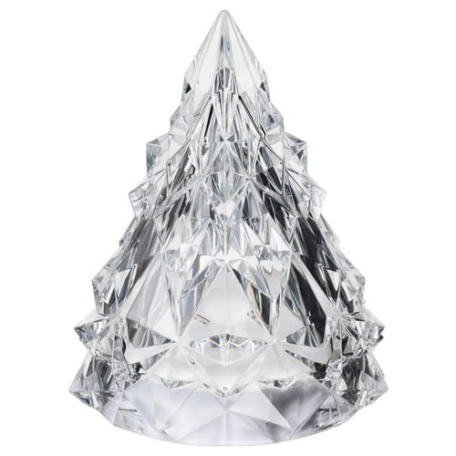 Kristalni drevesni ornament, jasne, geometrijske fasete, stožčasta oblika.