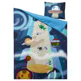 Detská paplón a vankúš s vesmírnou tematikou, modro-biela, bavlna/lyocell, zips, astronautský a mimozemský dizajn.