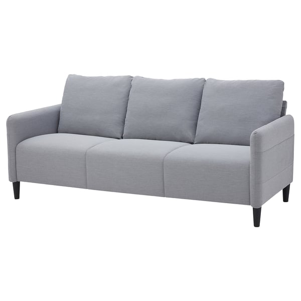 Moderná sivá pohovka, ANGERSBY, tri vankúše, drevené nohy, elegantný dizajn.