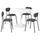 DOCKSTA jedálenský set: biely okrúhly stôl, štyri sivé čalúnené kreslá s kovovými nohami, elegantný moderný dizajn.