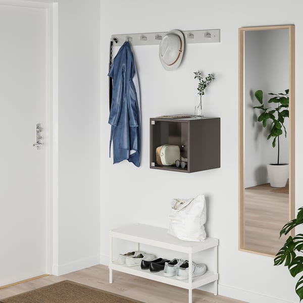 Minimalistický vchod s vešiakom na topánky, háčikmi na kabáty, skrinkou, zrkadlom a rastlinou.