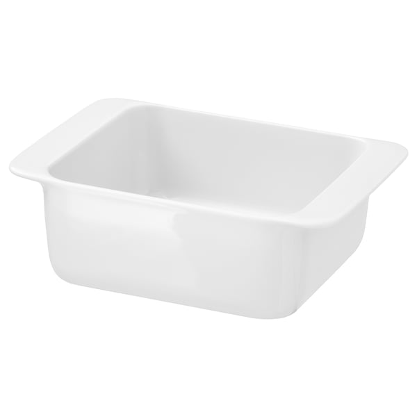 IKEA 365+ biela porcelánová zapekacia misa, štvorcový tvar, jednoduchý dizajn, odolný materiál.