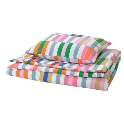 Posteľná súprava KLIBBKORSÖRT, viacfarebné pruhy, recyklovaný polyester/viskóza, hladká a bez vrások.