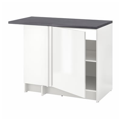 Modulárna kuchyňa KNOXHULT v bielej farbe so sivou doskou, obdĺžniková, minimalistický dizajn, stojí na nastaviteľných nožičkách.