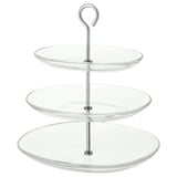 3-poschodový sklenený servírovací stojan KVITTERA, moderný dizajn, číra farba, nerezová rukoväť, okrúhle taniere.