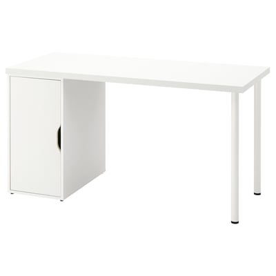 Moderný biely stôl LAGKAPTEN s dvierkami skrinky, oceľovými nohami.