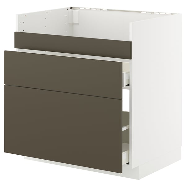 Moderná kuchynská linka: METOD, tmavohnedé/béžové čelá havstorp, biely rám, elegantný dizajn s viacerými zásuvkami.