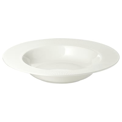 Biely tanier OFANTLIGT vyrobený zo živcového porcelánu s elegantným, mierne rebrovaným dizajnom.
