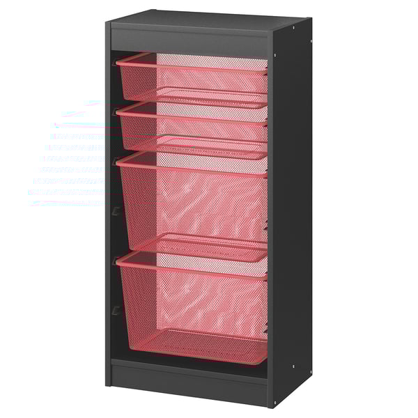 Úložný diel ikea TROFAST s piatimi zásuvkami z červenej sieťoviny v čiernom ráme, ideálny na organizovanie vecí.