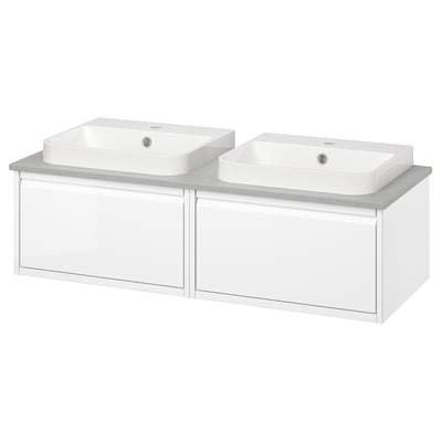 A white ÄNGSJÖN dual vanity set. It two sinks, drawers, with a sleek, modern design.
