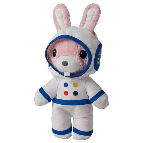 Pink bunny in white & blue astronaut suit. Soft, recycled polyester.