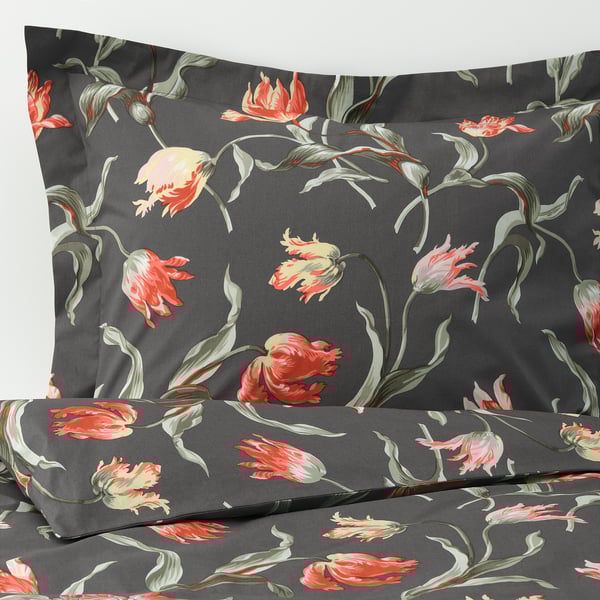 ÅLANDSROT Quilt cover and 2 pillowcases, grey/floral patterned, 240x220/50x80 cm