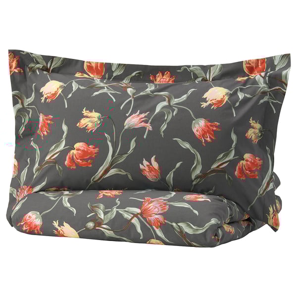 ÅLANDSROT Quilt cover and 2 pillowcases, grey/floral patterned, 240x220/50x80 cm