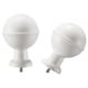 Two white spherical curtain rod finials with screws, one upright, one angled.