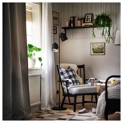 Two dark grey ANNAKAJSA curtains with heading tape, full length, elegant and textured.