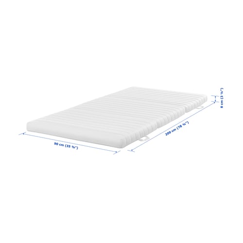 White mattress with dimensions: 200x90x8 cm. Firm with coir fibres and foam top.