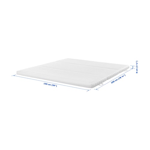 White mattress dimensions—200x150 cm, 8 cm thick. Showing measurements in cm and inches.