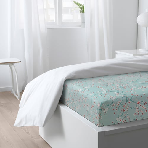 ASKLÖNN fitted sheet, green/Cherry blossom branch, 150x200 cm IKEA