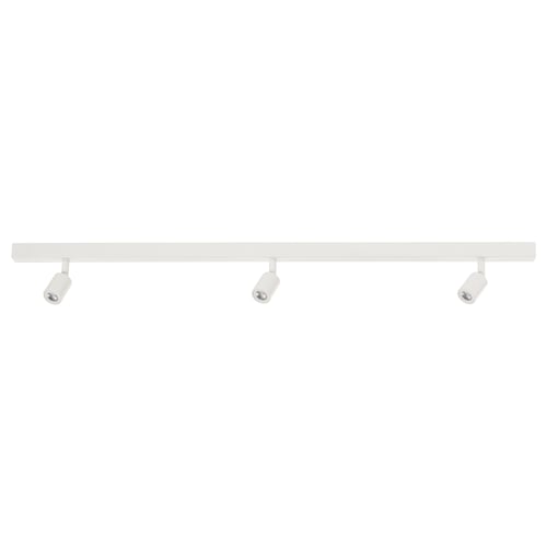 BÄVE track lighting: white ceiling track with 3 adjustable spotlights, minimalist design.