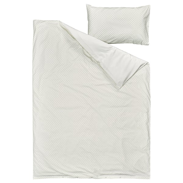 White BANDKNIPPE duvet set with green texture, cotton-made, rectangular with pillow.