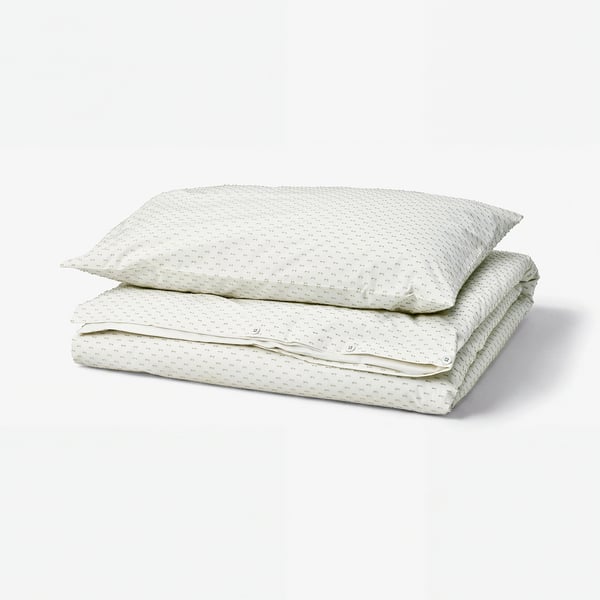BANDKNIPPE Duvet cover and pillowcase, white/green, 150x200/50x80 cm