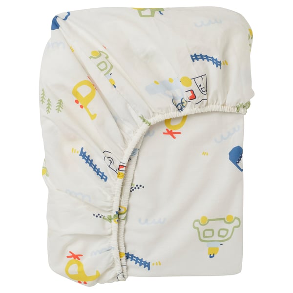 BARNDRÖM Fitted sheet, white/vehicles pattern, 90x200 cm