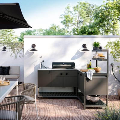 BÅTSKÄR Outdoor kitchen w charcoal barbecue, dark grey, 180x180x152 cm
