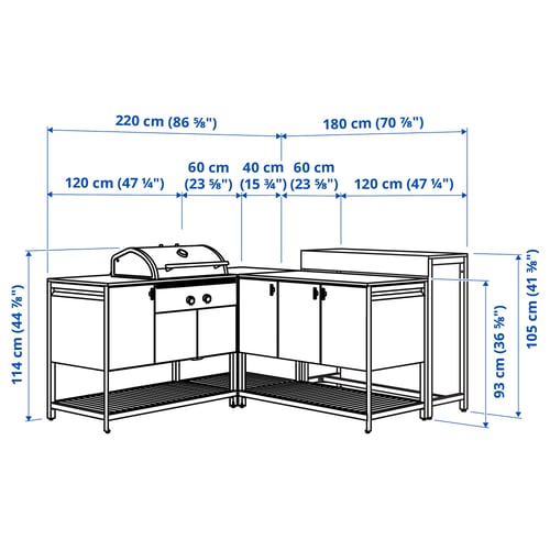 BÅTSKÄR Outdoor ktchn w chrcl bbq+bar table, dark grey, 220x180 cm