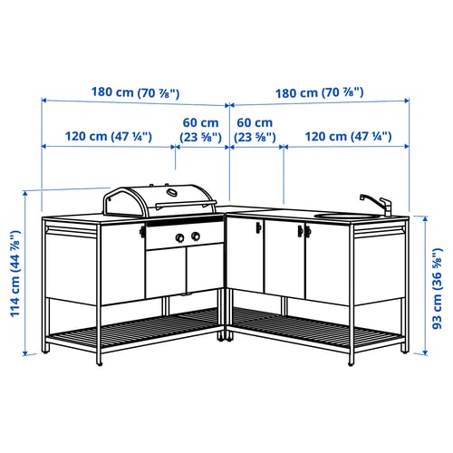 BÅTSKÄR Outdoor ktchn w chrcl bbq+sink unit, dark grey, 180x180 cm