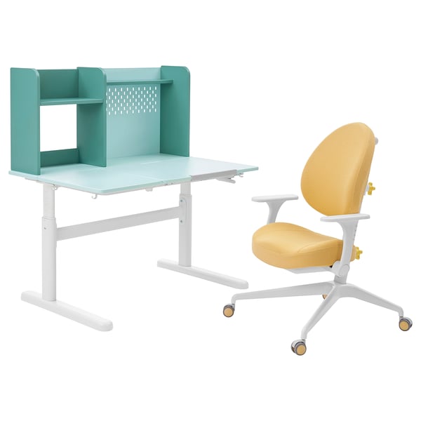 BERGLÄRKA / GUNRIK Children's desk+chair w armrests, turquoise/yellow, 100x70 cm