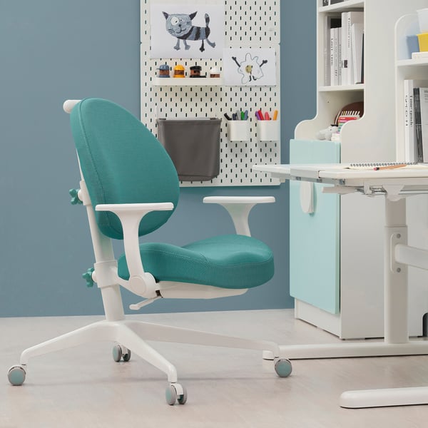 BERGLÄRKA / GUNRIK Children's desk+chair w armrests, white/turquoise, 100x70 cm