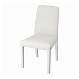 A white BERGMUND chair with a padded seat and back, supported by four rectangular legs.