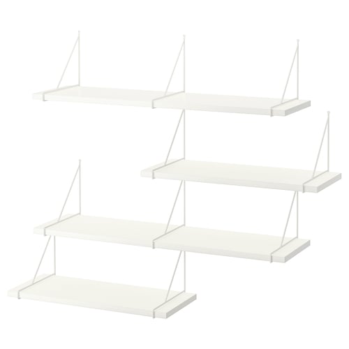 Displays a set of four white BERGSHULT wall shelves with minimalist design and metal brackets.