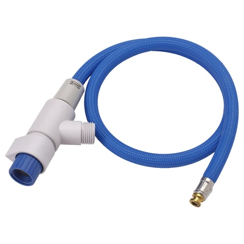 Blue shower diverter hose with grey adapter, collects cold water for reuse.