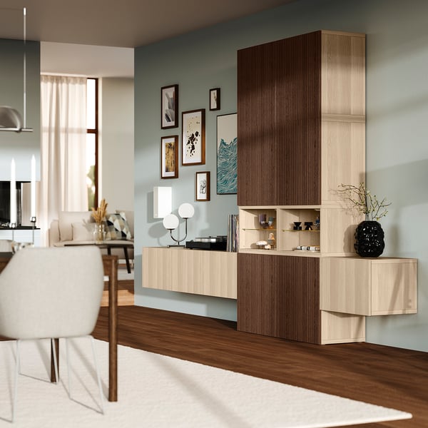 BESTÅ Media storage combination, white stained oak effect Lappviken/Björköviken brown, 360x42x231 cm