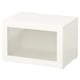 A white BESTÅ cabinet with a glass door. Its rectangular, modern, and sleek with a clean design, perfect for storage.