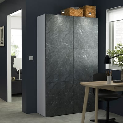 BESTÅ Storage combination with doors, white Bergsviken/black marble effect, 120x42x193 cm